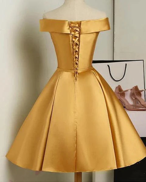 Luolandi Cute Satin Knee Length Off Shoulder Homecoming Dress Prom Dress Elegant  Party Dress